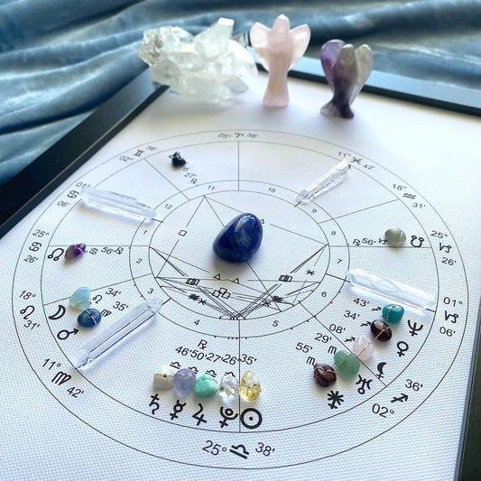 Crystal chart with blue center stone and crystal angels